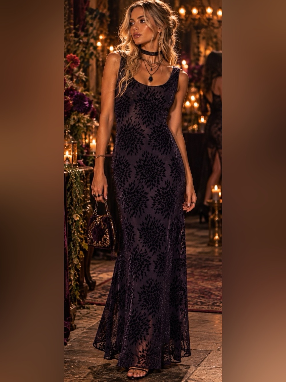 Liz Sheldon Silk Purple Burnout Velvet Maxi Dress M Whimsigoth Dark Romantic 90s